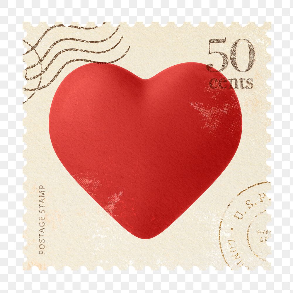 3d heart png postage stamp sticker, transparent background