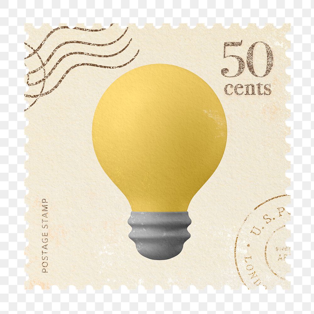 Png 3d light bulb postage stamp sticker, transparent background