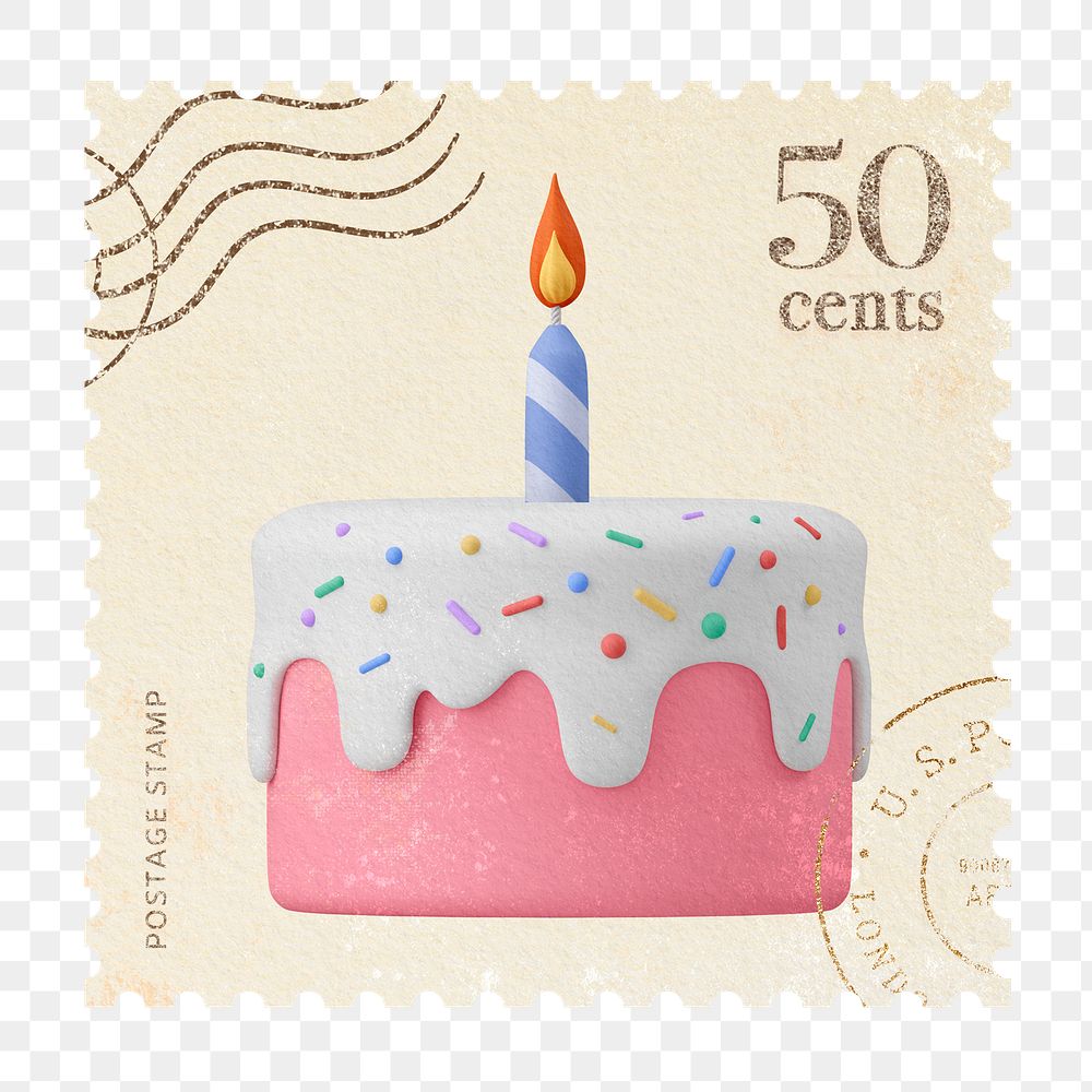 Png 3d birthday cake postage stamp sticker, transparent background