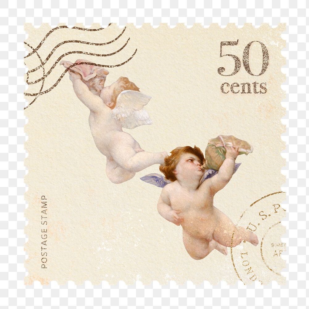 Png Cupid postage stamp sticker, painting, transparent background