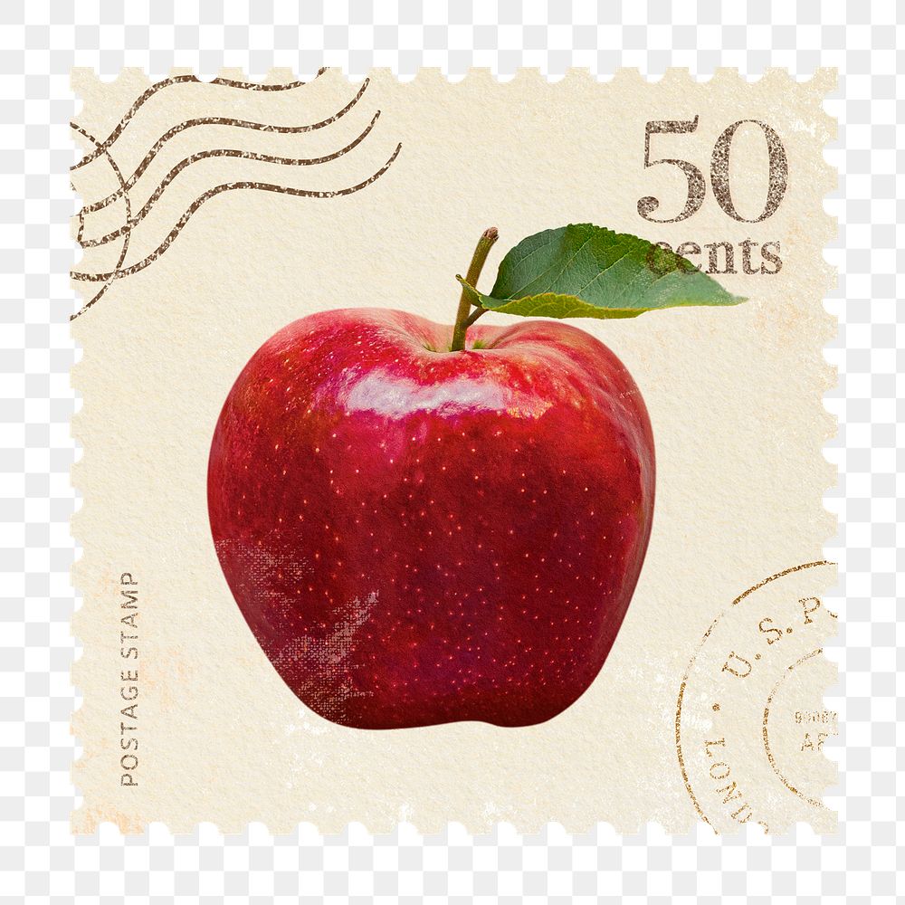 Png apple postage stamp sticker, realistic design, transparent background 