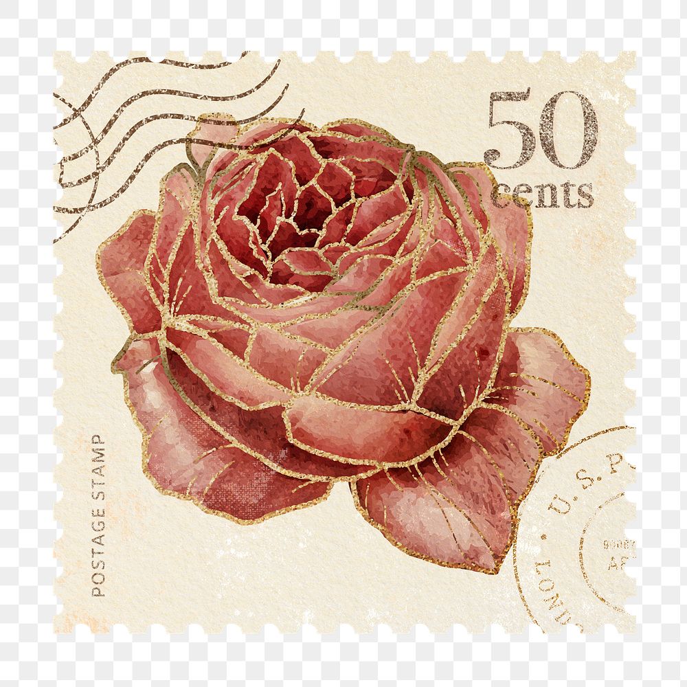 Png rose postage stamp sticker, painting, transparent background