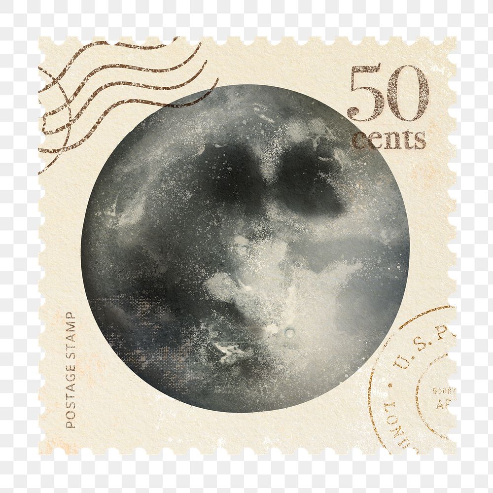 Png moon postage stamp sticker, hand drawn design, transparent background