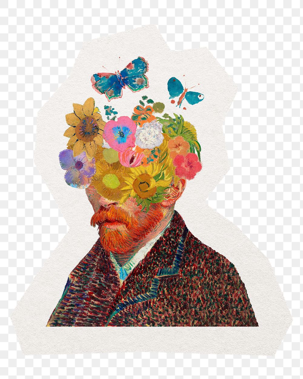 Van Gogh self portrait png sticker floral design in transparent background, remix by rawpixel
