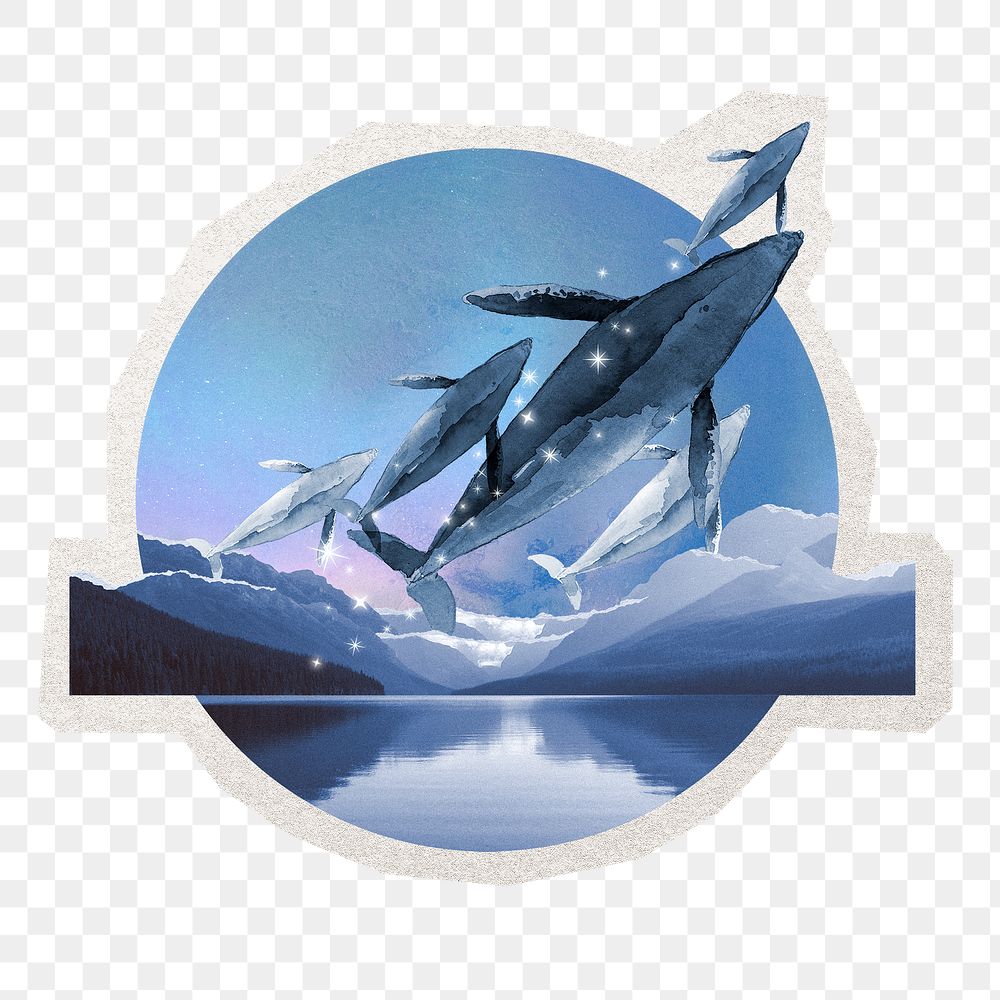 PNG surreal whale badge sticker, collage element in transparent background