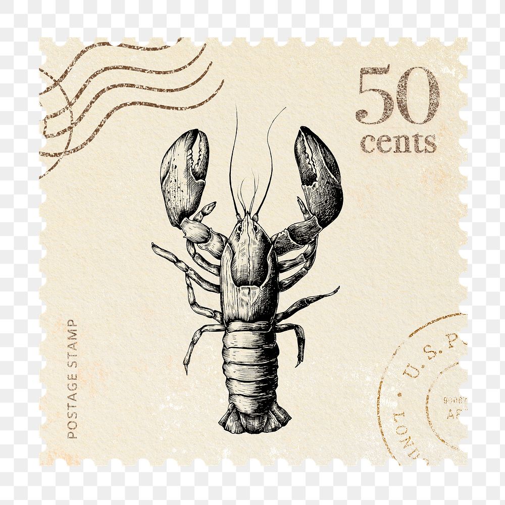 Lobster png postage stamp sticker, hand drawn, transparent background