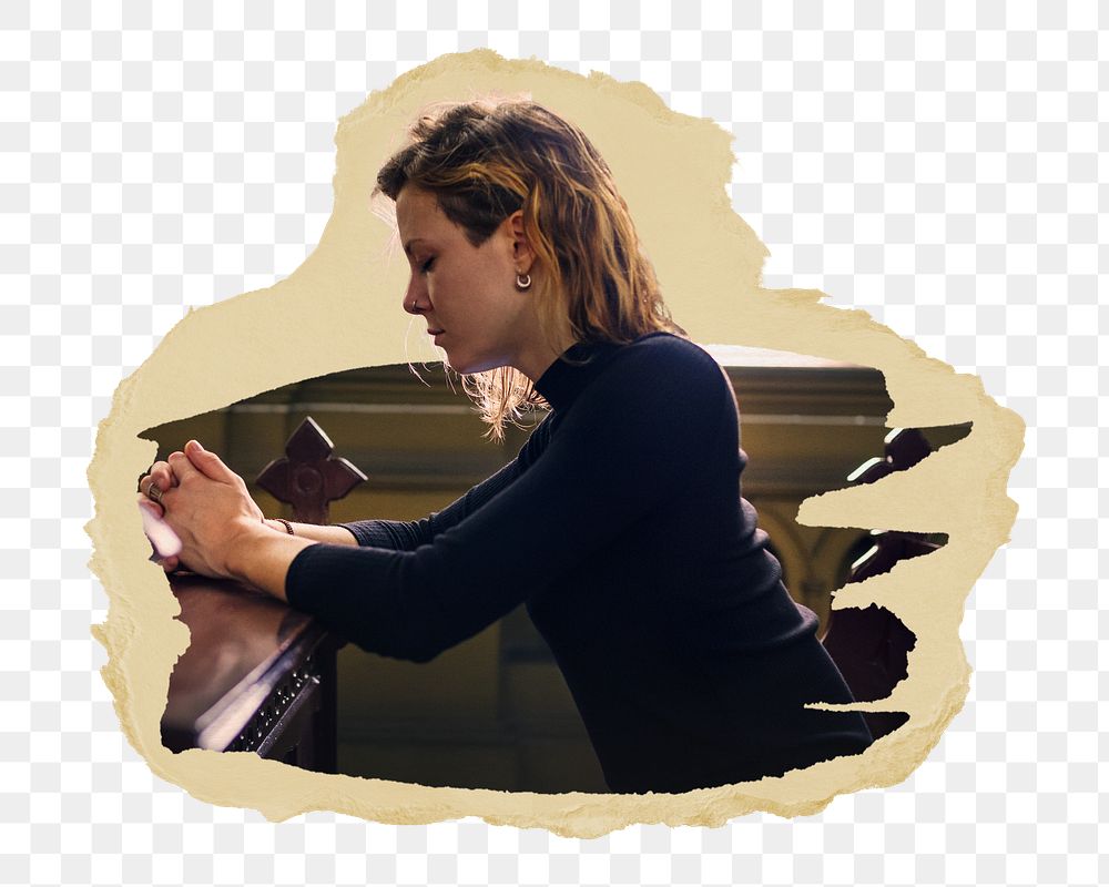 PNG Woman praying in the church, collage element, transparent background