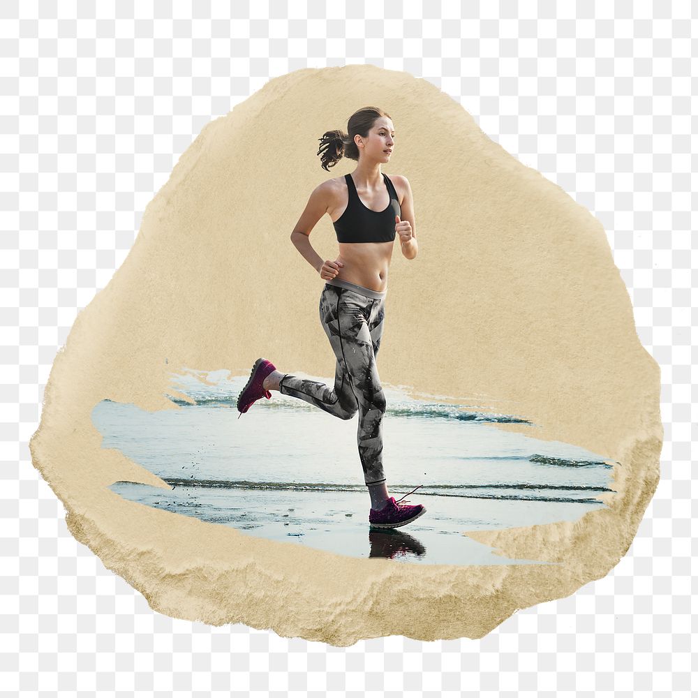 Jogging woman png sticker, ripped paper, transparent background