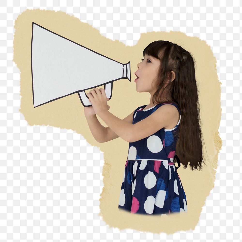 Png Kid using megaphone sticker, ripped paper transparent background