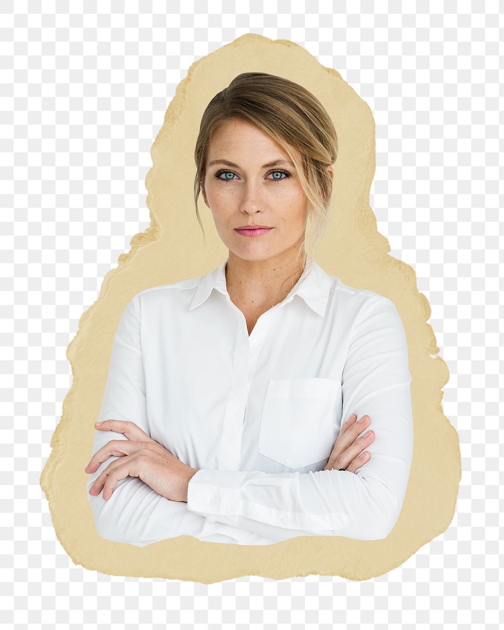 Businesswoman png crossing arms sticker, ripped paper, transparent background