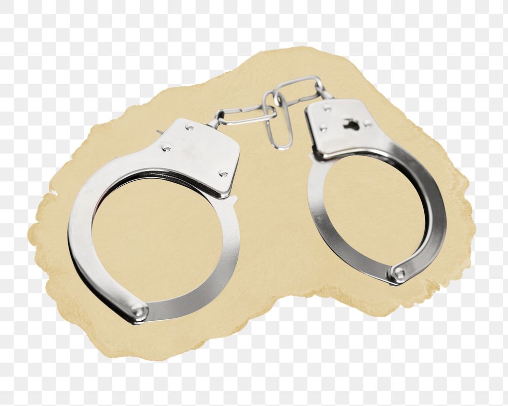 Steel handcuffs png sticker, ripped paper, transparent background