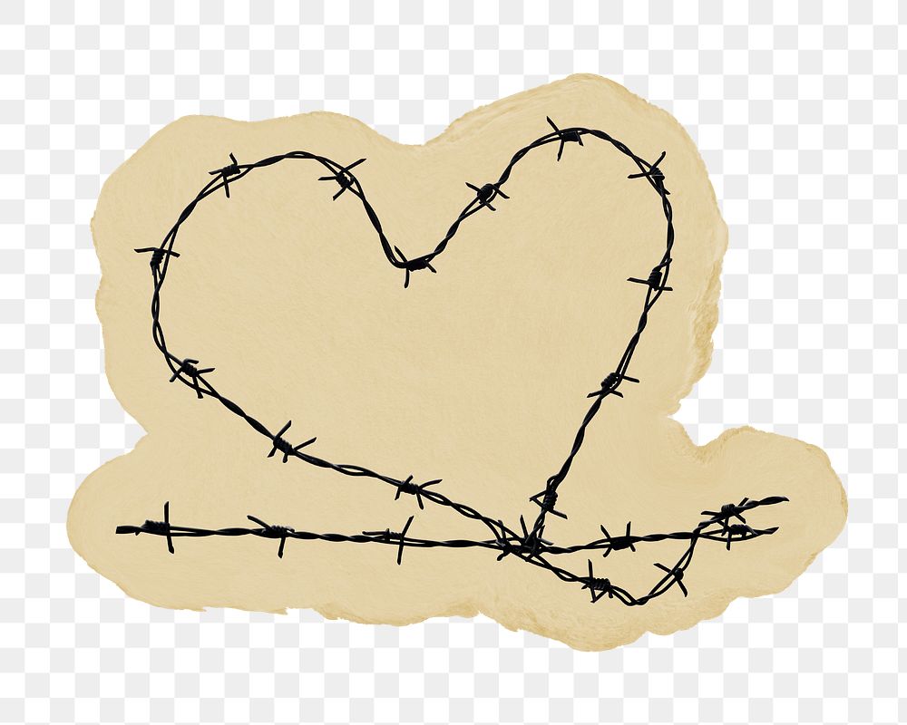 Barbed wire heart png sticker, ripped paper, transparent background