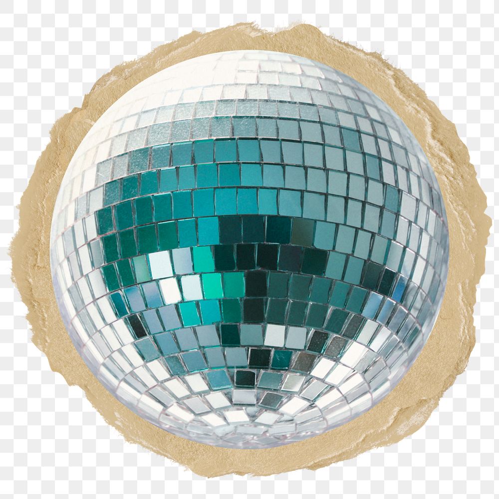 Disco ball png sticker, ripped paper, transparent background