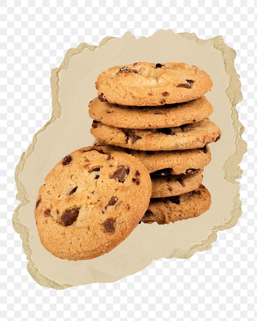 Chocolate chip cookies png sticker, ripped paper, transparent background