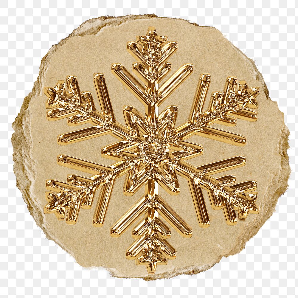 Gold snowflake png sticker, ripped paper, transparent background