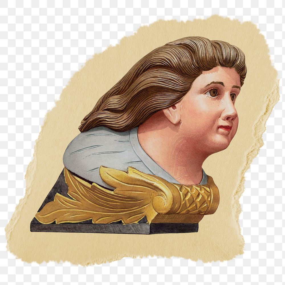 Vintage figurehead png sticker, ripped paper transparent background