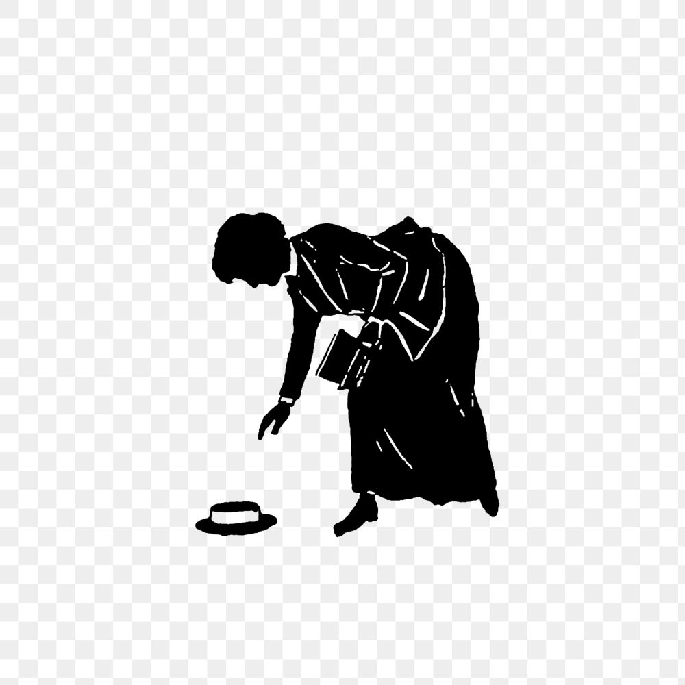 PNG Drawing of a lady picking a hat silhouette, transparent background