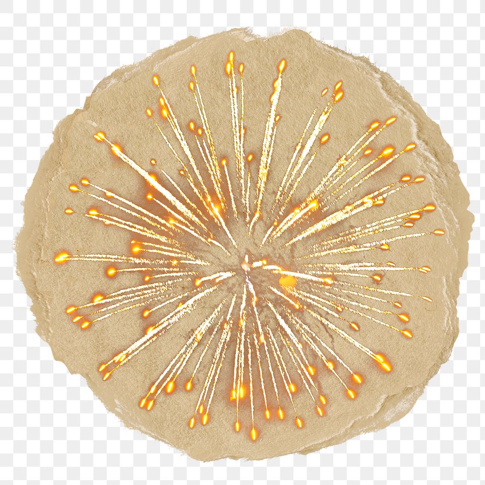 Gold fireworks png sticker, ripped paper, transparent background