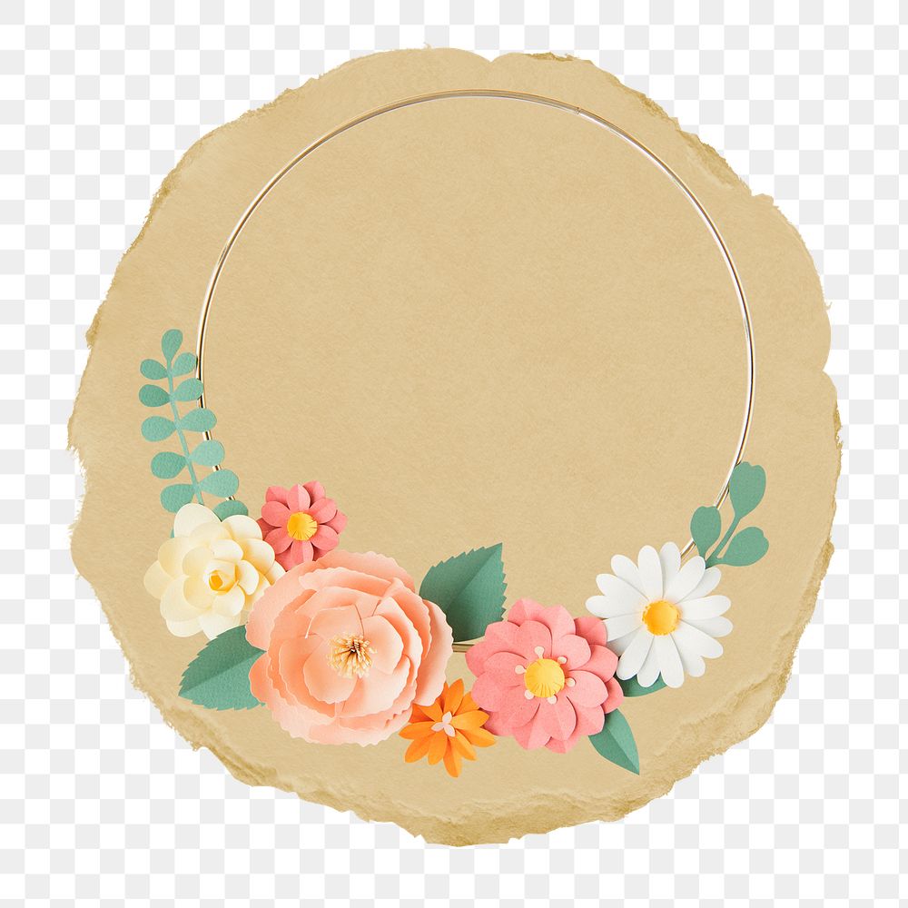 Flower frame png sticker, ripped paper, transparent background