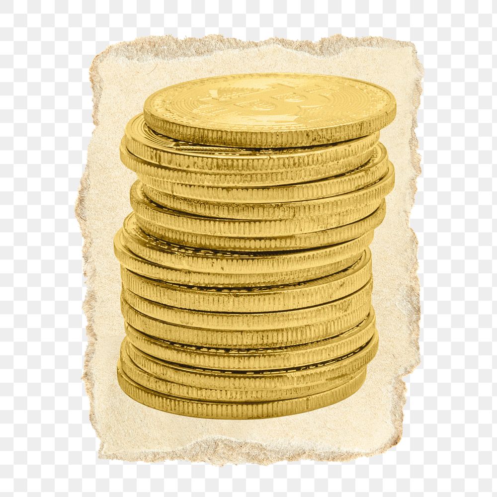 Gold coins, money png sticker, ripped paper, transparent background
