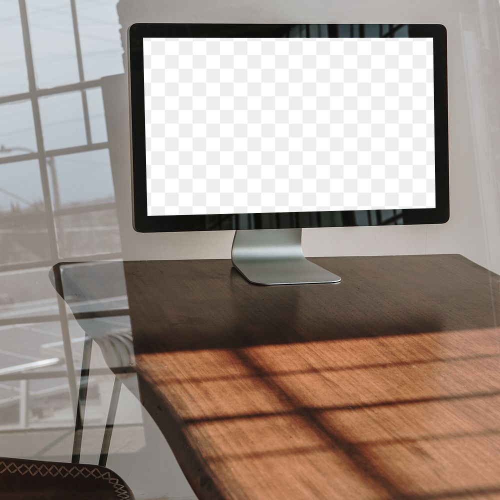 Computer screen png mockup, wooden table transparent design