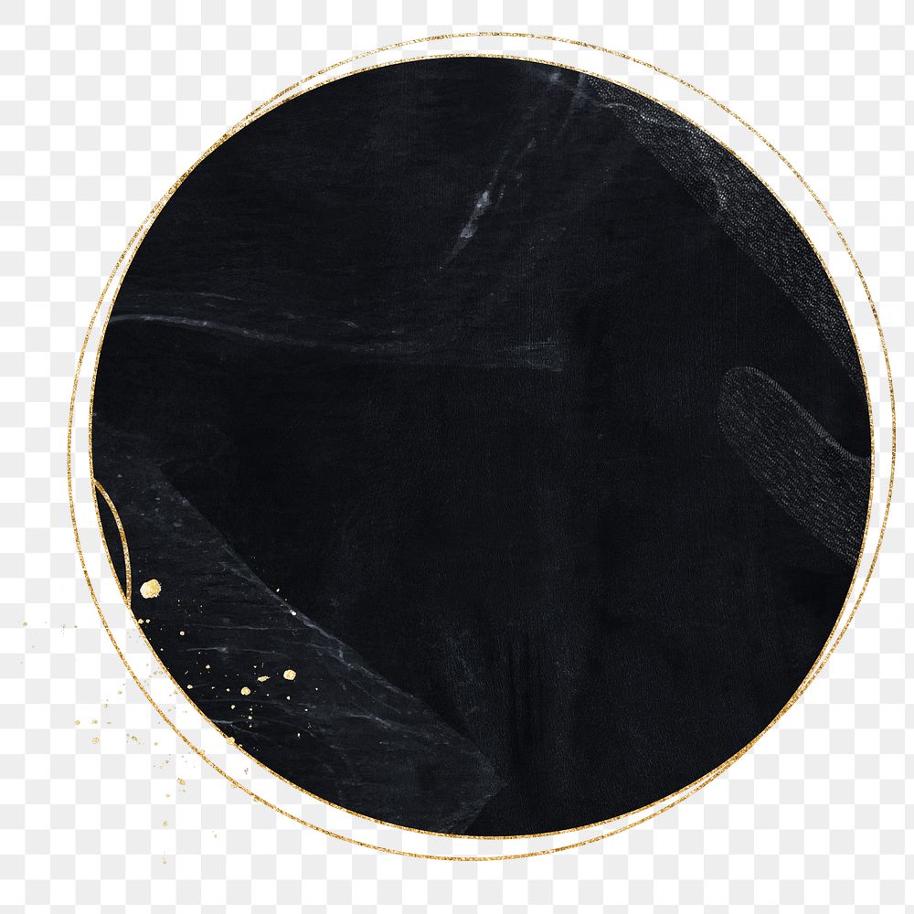 Png elegant circular frame black, gold glitter, transparent background