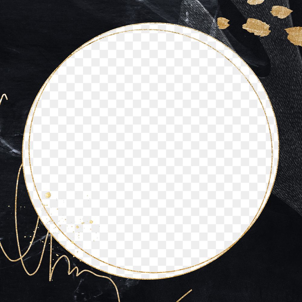 Png elegant circular frame black, gold glitter, transparent background