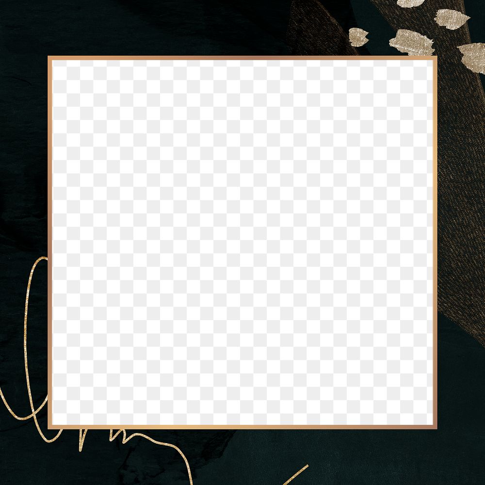 Png square frame dark modern marble design, gold, transparent background