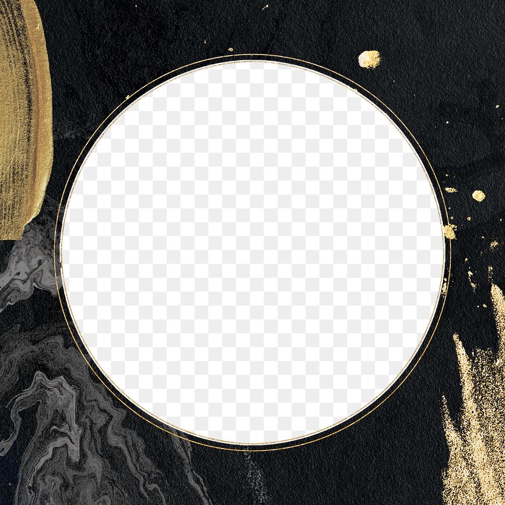 Png circular frame black modern marble design, gold, transparent background