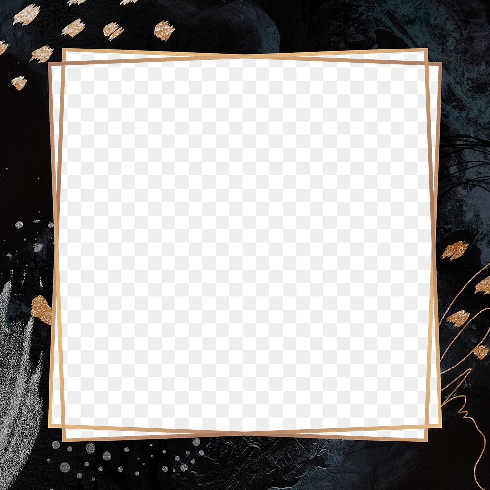 Png elegant square frame black, gold glitter, transparent background