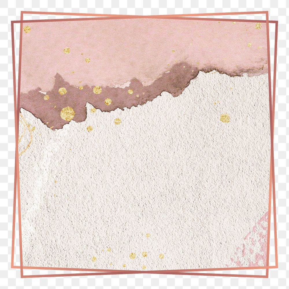 Square frame png elegant pink watercolour design, gold, transparent background