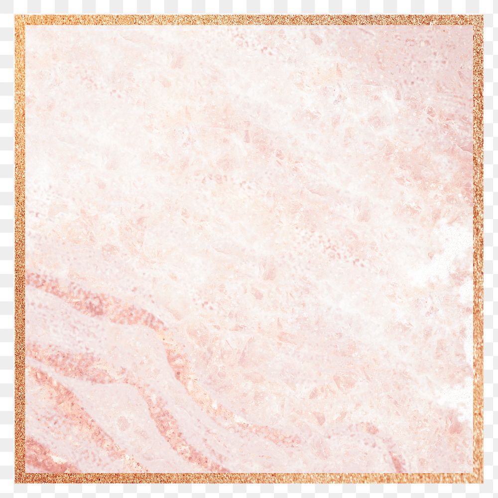 Png square frame pink watercolour marble design, gold, transparent background