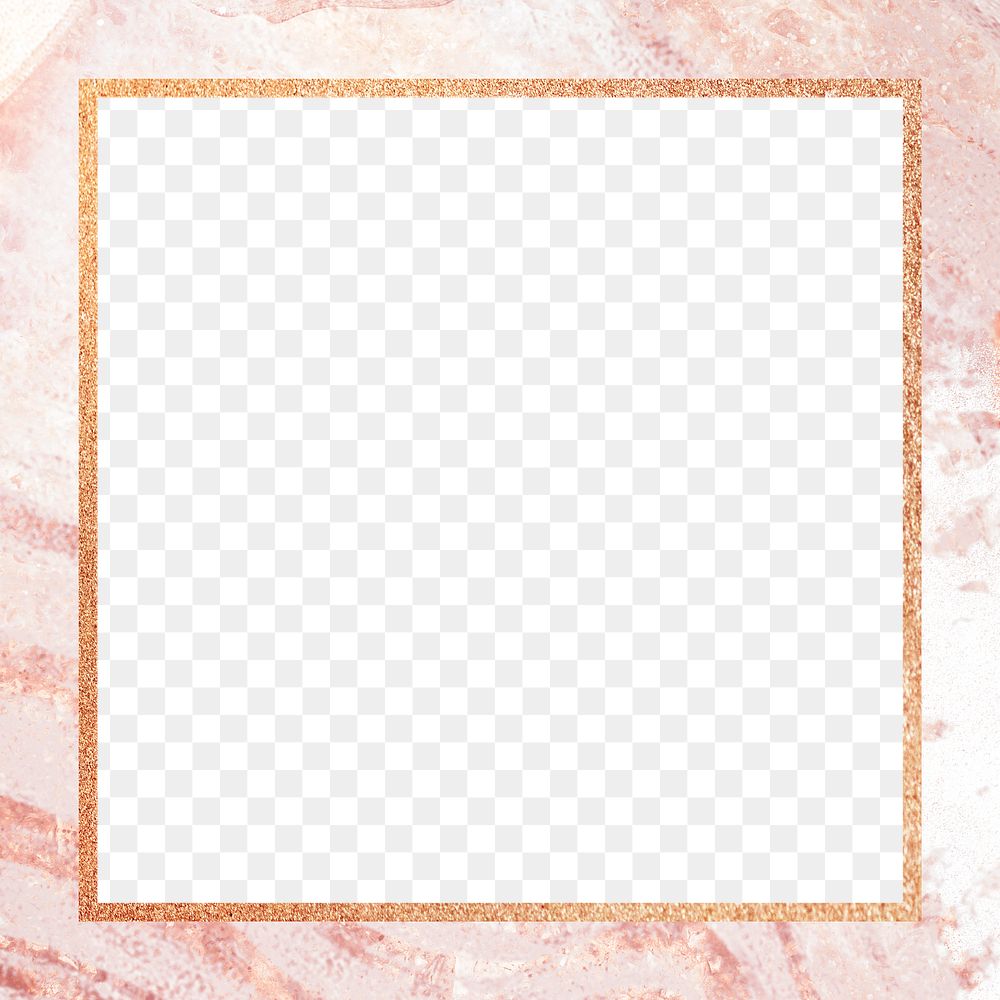 Png square frame pink watercolour marble design, gold, transparent background