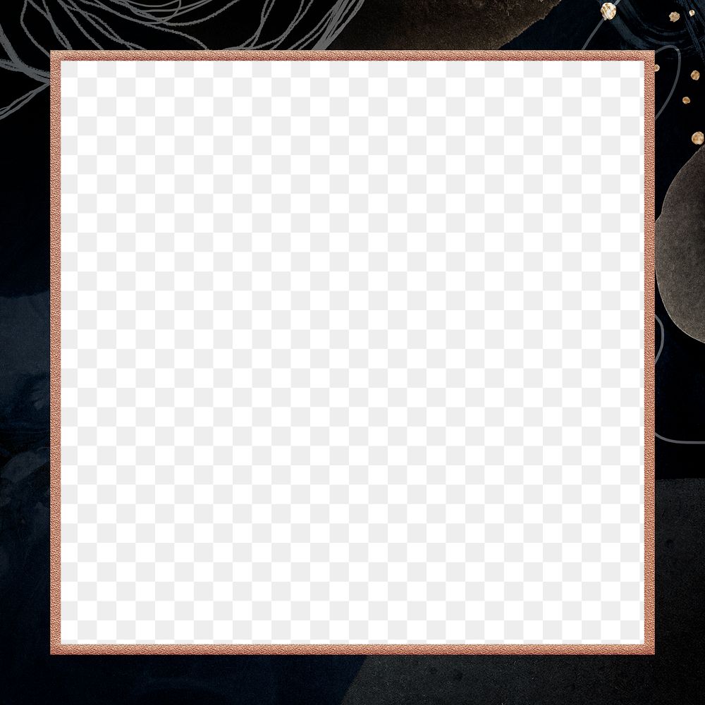Png square frame dark watercolour marble design, gold, transparent background