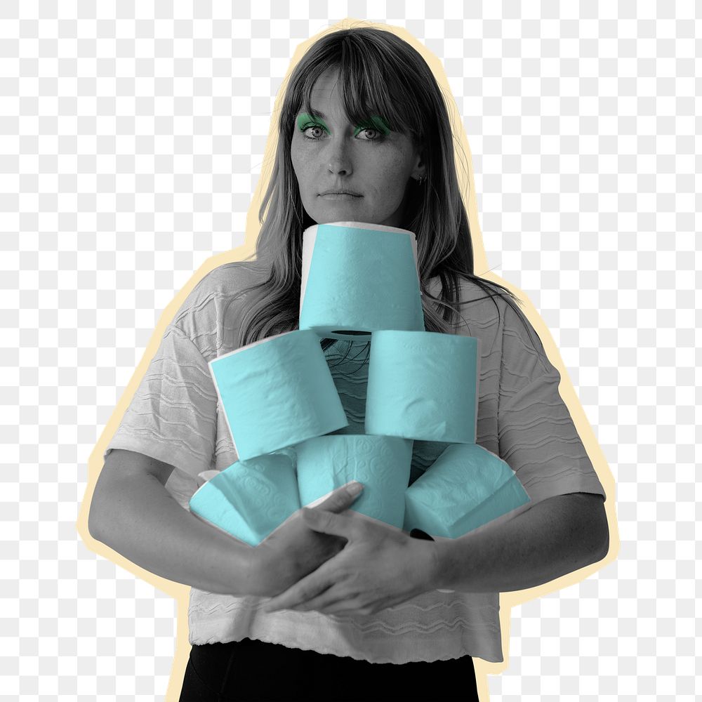 Woman hoarding tissue paper during the coronavirus pandemic design element 