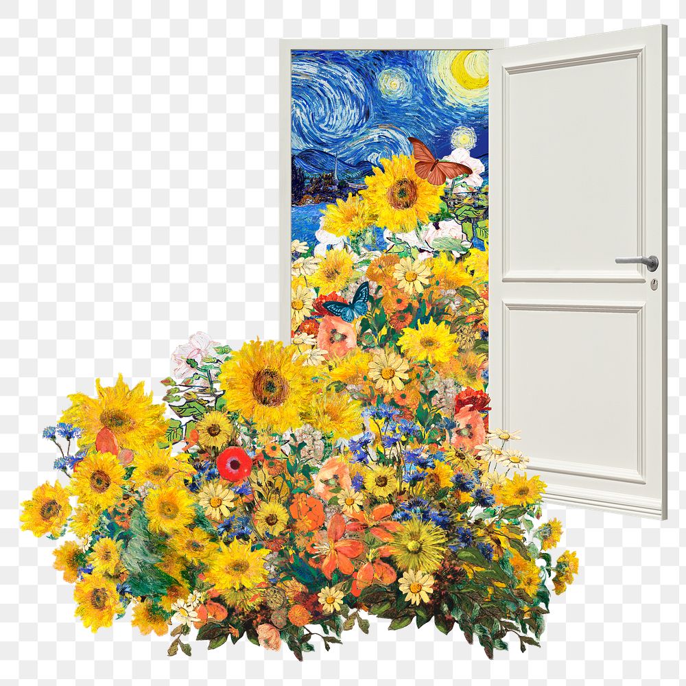 Sunflower door png sticker,  famous painting remixed by rawpixel, transparent background