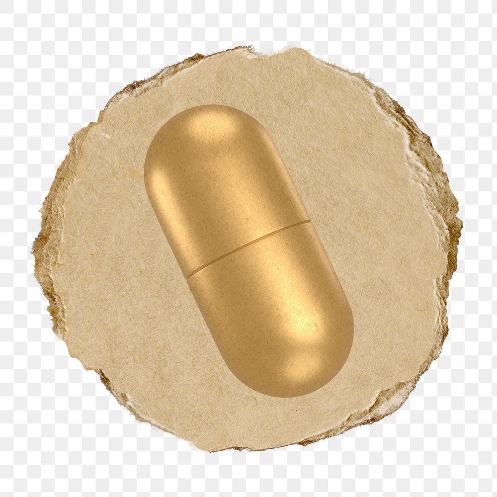 Gold capsule  png sticker,  3D ripped paper, transparent background