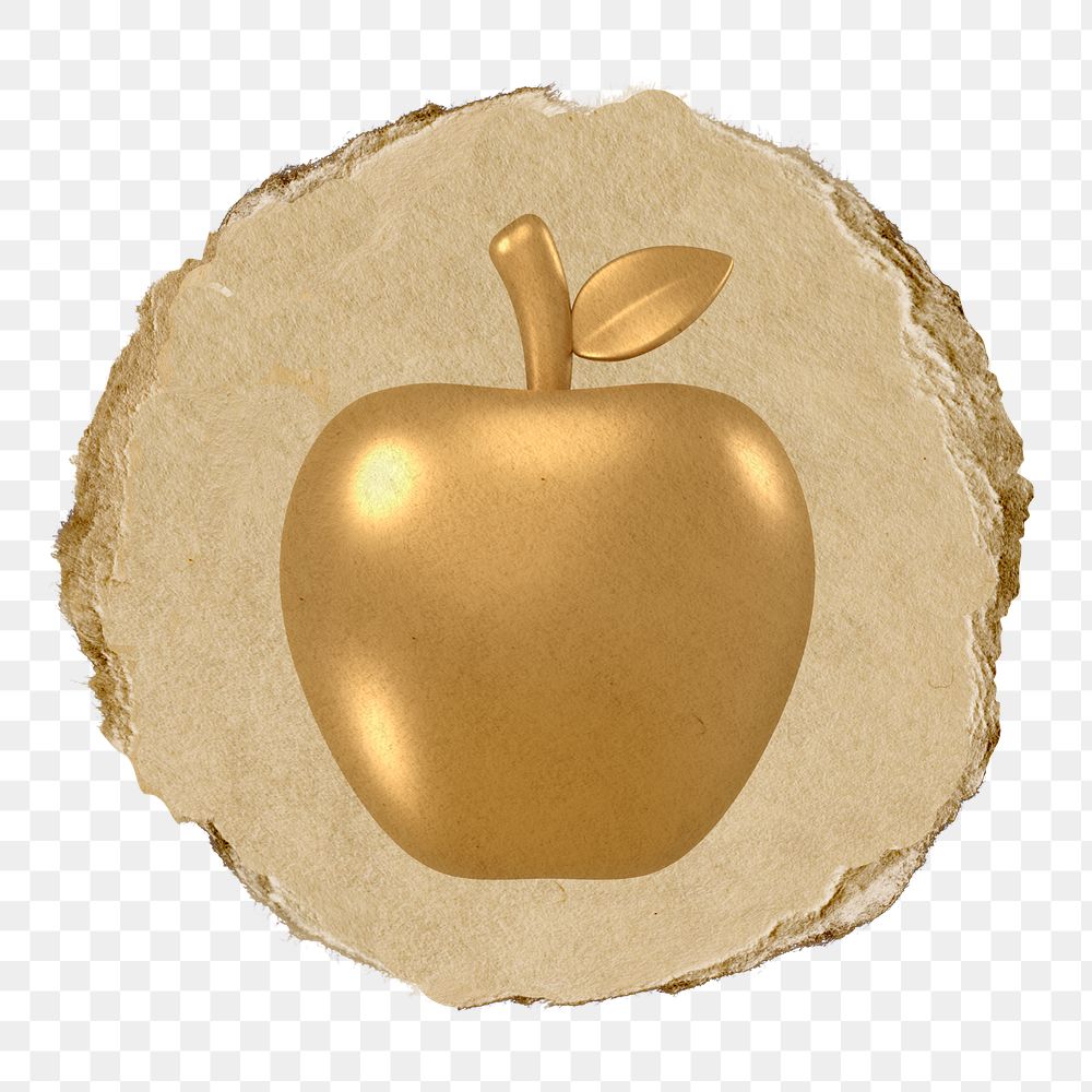 Gold apple  png sticker,  3D ripped paper, transparent background