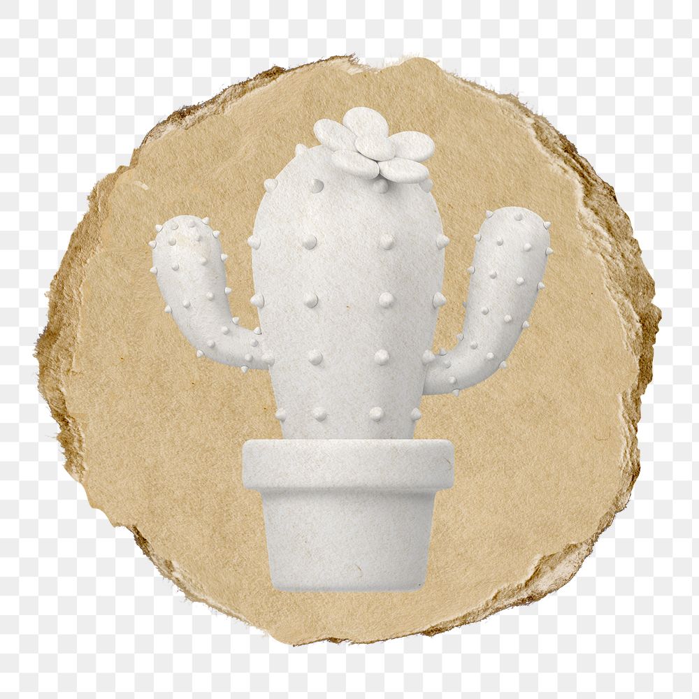White cactus  png sticker,  3D ripped paper, transparent background