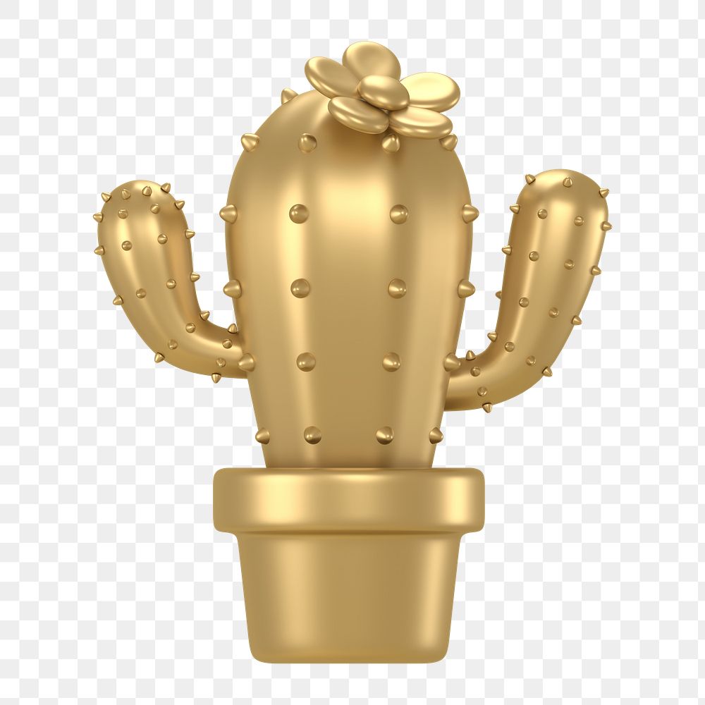 Gold cactus  png sticker, 3D rendering illustration, transparent background