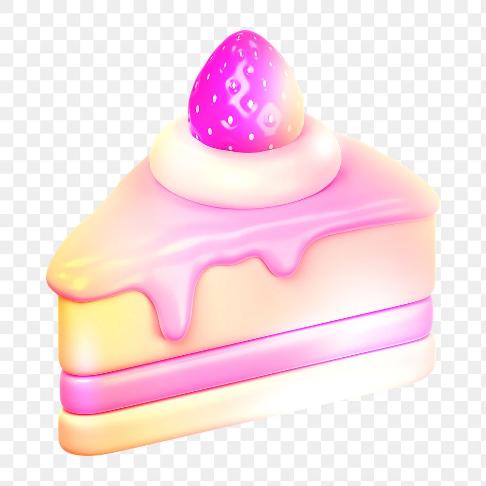 Strawberry cake  png sticker, 3D neon glow, transparent background