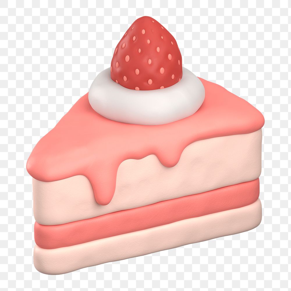 Strawberry cake  png sticker, 3D clay texture design, transparent background