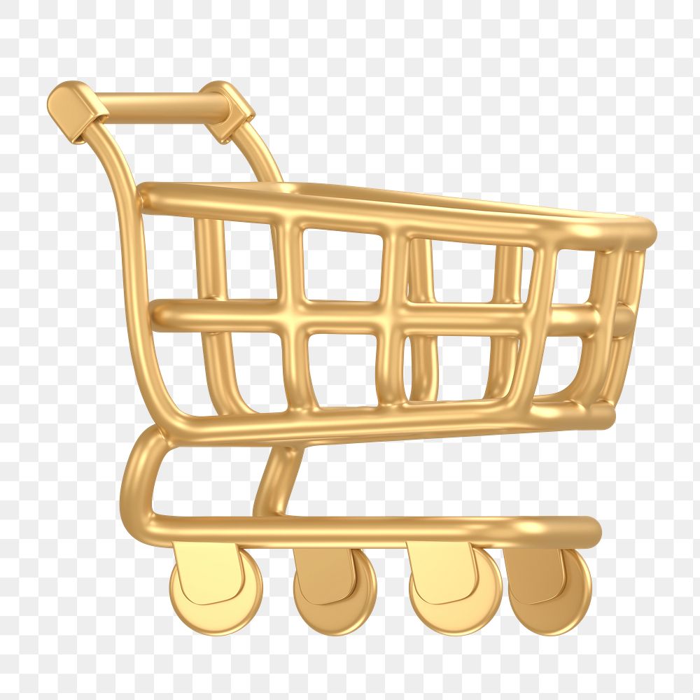 Shopping cart icon  png sticker, 3D gold design, transparent background