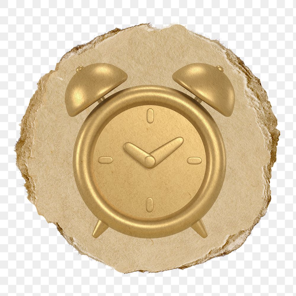 Gold alarm clock  png sticker,  3D ripped paper, transparent background