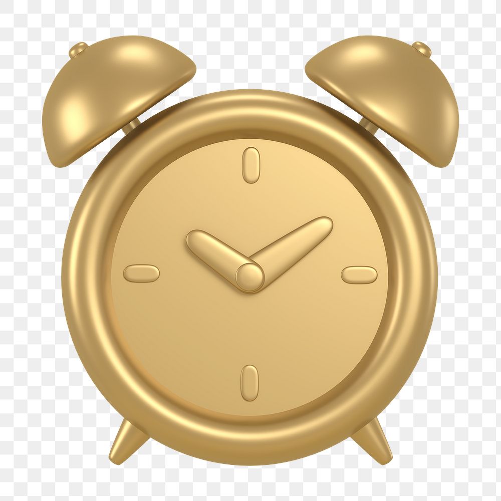 Alarm clock icon  png sticker, 3D gold design, transparent background