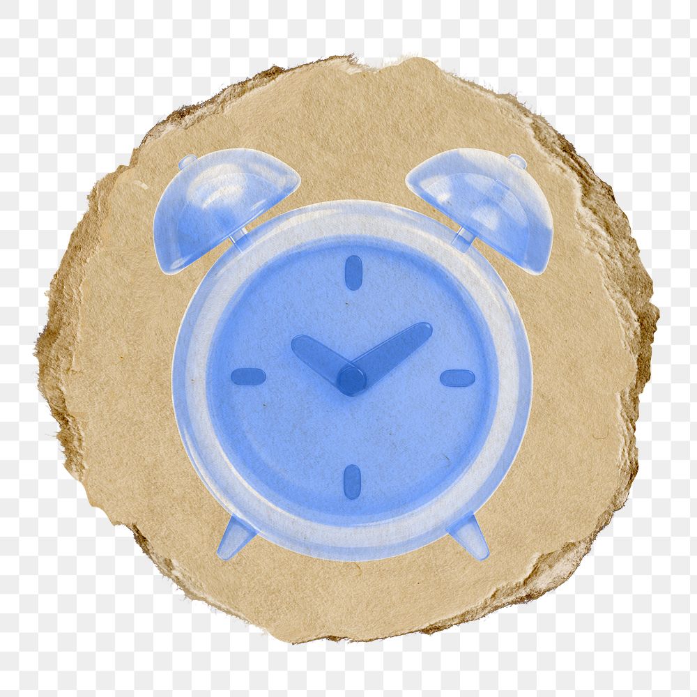 Blue alarm clock  png sticker,  3D ripped paper, transparent background