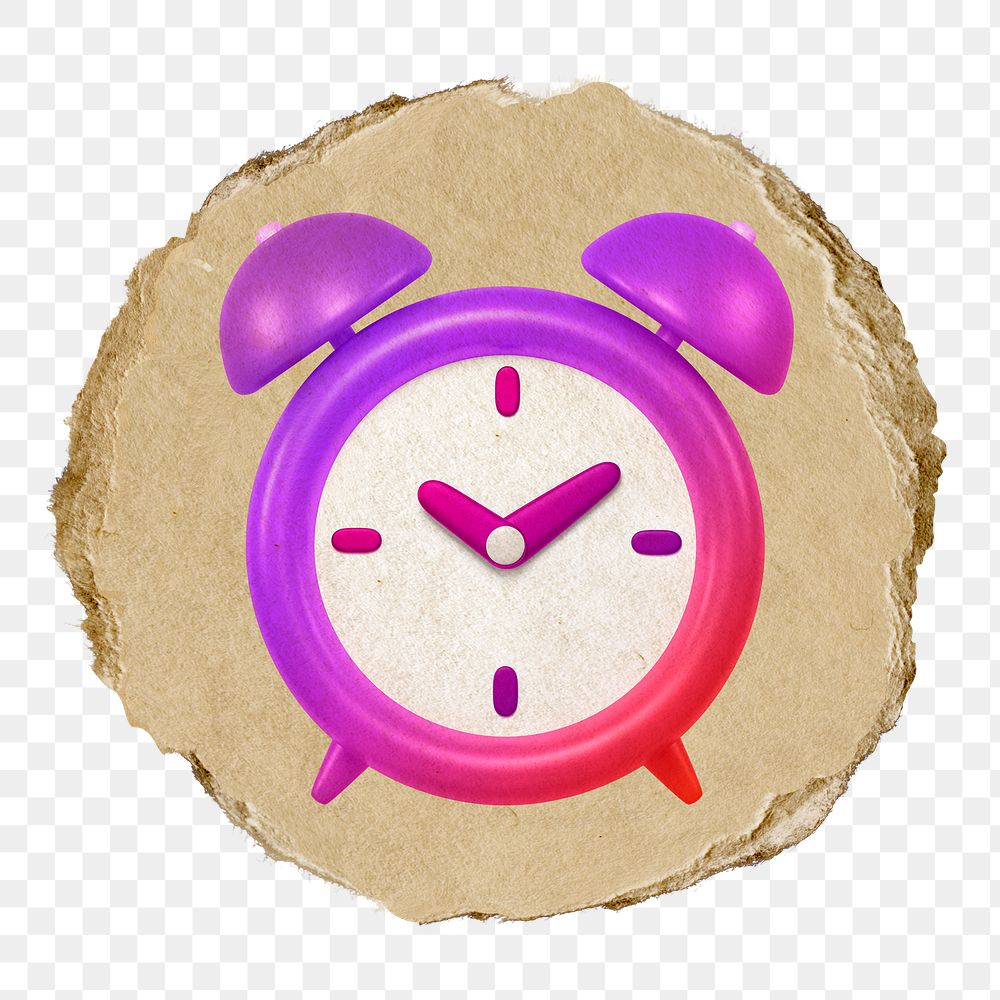 Purple alarm clock  png sticker,  3D ripped paper, transparent background