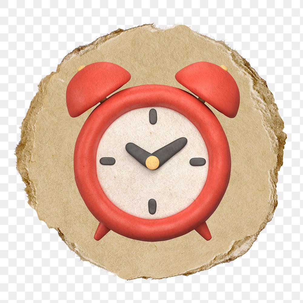 Red alarm clock  png sticker,  3D ripped paper, transparent background