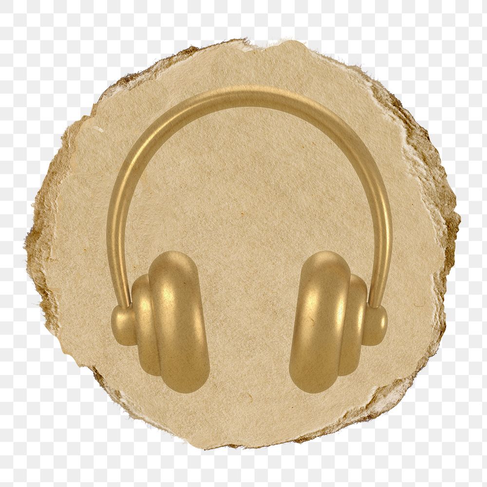 Gold headphones  png sticker,  3D ripped paper, transparent background