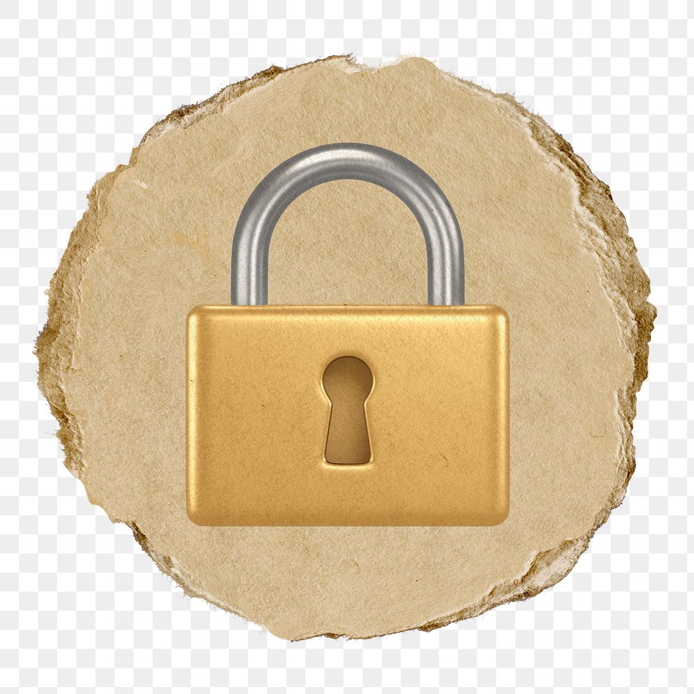 Gold padlock  png sticker,  3D ripped paper, transparent background